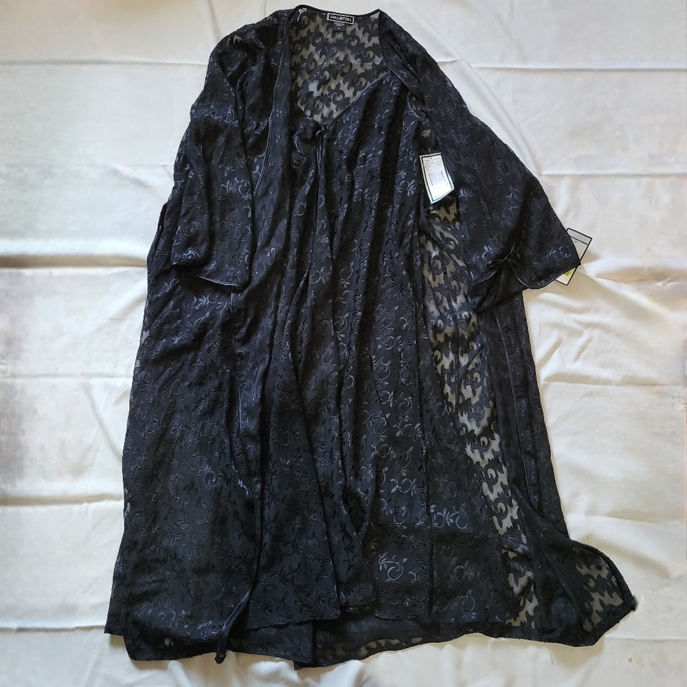 Halston Black Floral Lace Robe And Nightgown Set